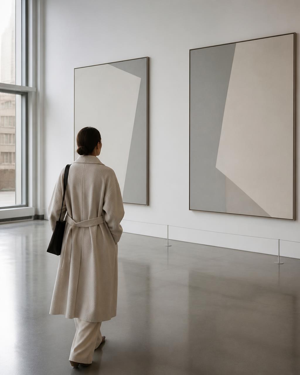 Salle d'exposition contemporaine, œuvres abstraites en tons neutres